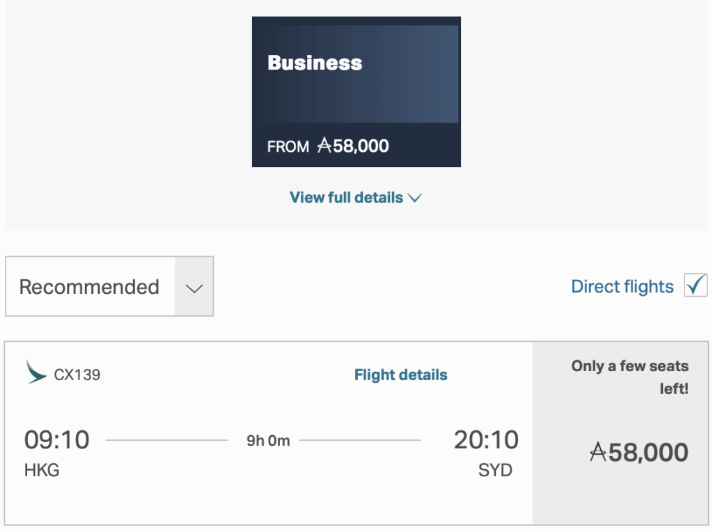 Hong Kong- Sydney in Cathay business class. 